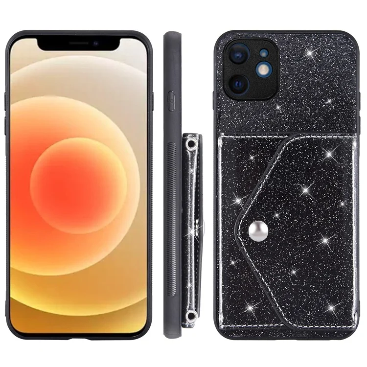 Für iPhone 12 mini 5.4 Zoll Schultergurt Handyhülle mit Ständer und Kartenfach, mit glitzerndem Puderdekor - Schwarz