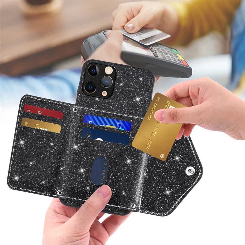 For iPhone 11 Pro 5.8 inch Glittery Powder PU Leather+TPU Phone Shell Triangle Card Holder Kickstand Case Cover - Black