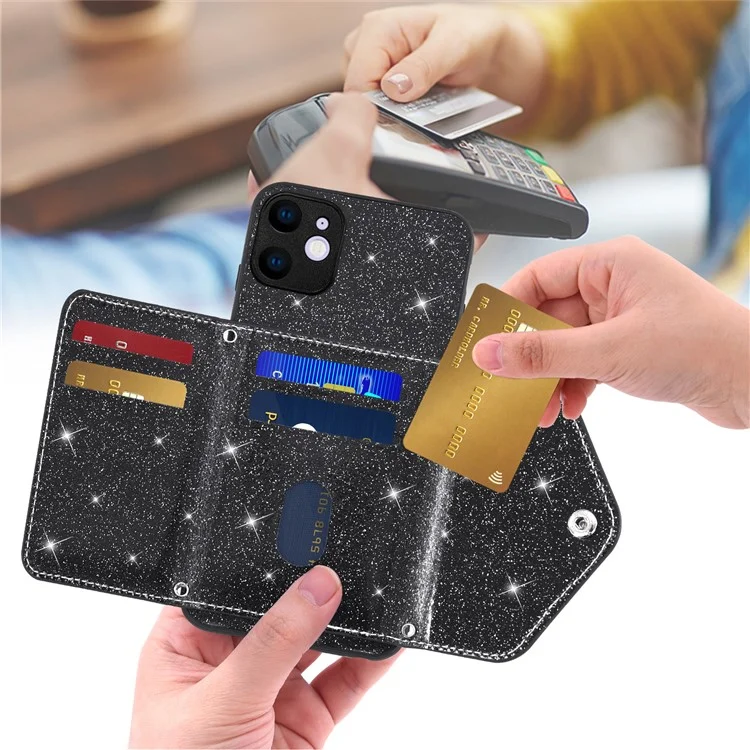 For iPhone 11 6.1 inch PU Leather+TPU Glittery Powder Phone Cover Triangle Card Holder Kickstand Phone Case - Black