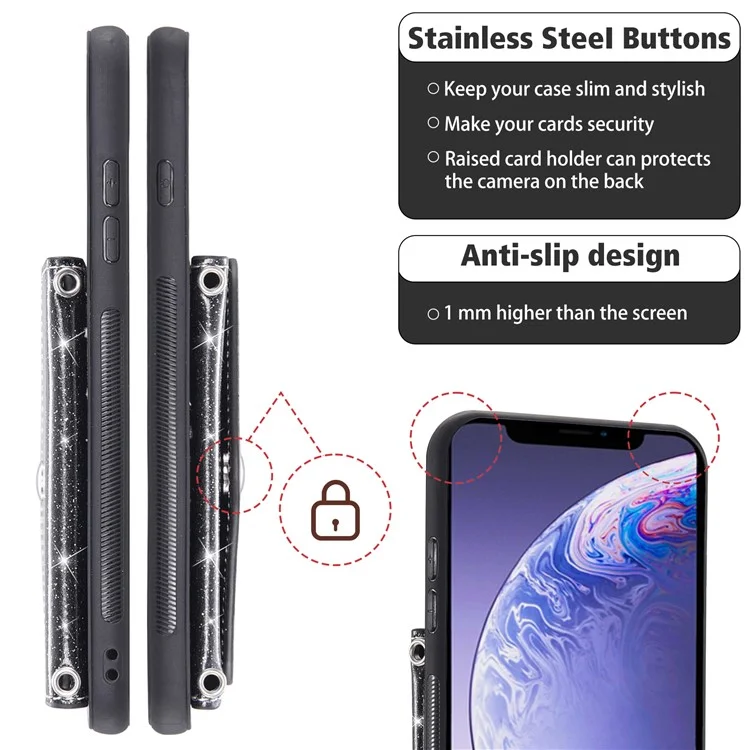 For iPhone 11 6.1 inch PU Leather+TPU Glittery Powder Phone Cover Triangle Card Holder Kickstand Phone Case - Black