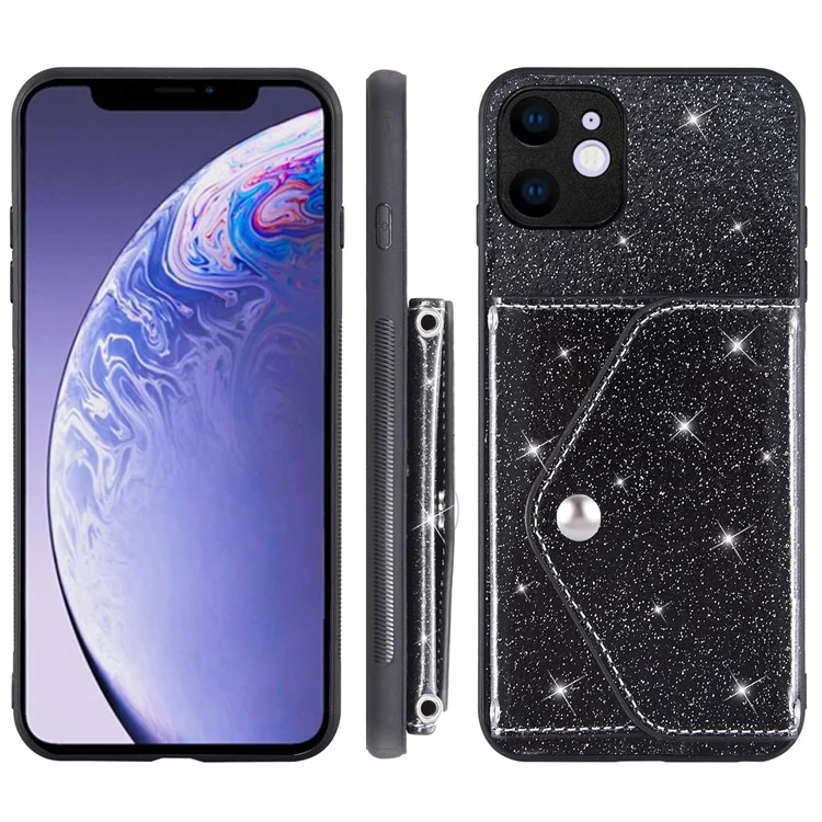 For iPhone 11 6.1 inch PU Leather+TPU Glittery Powder Phone Cover Triangle Card Holder Kickstand Phone Case - Black