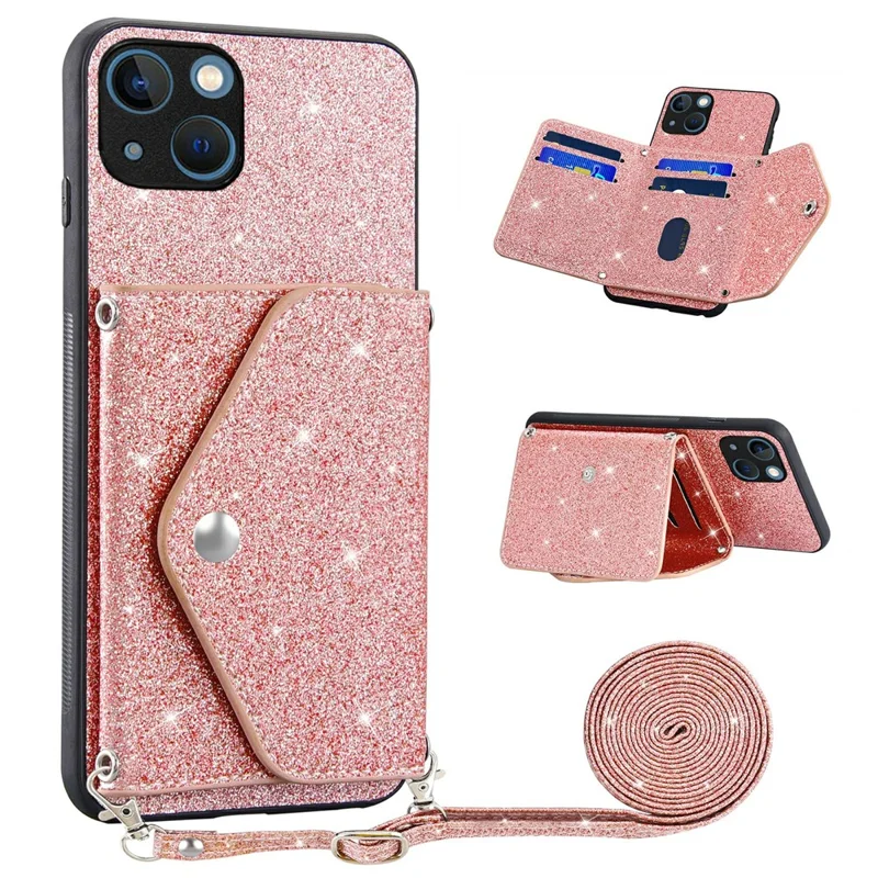 Protective Case for iPhone 14 Anti-fall Kickstand Triangle Card Holder PU Leather+TPU Phone Cover - Pink