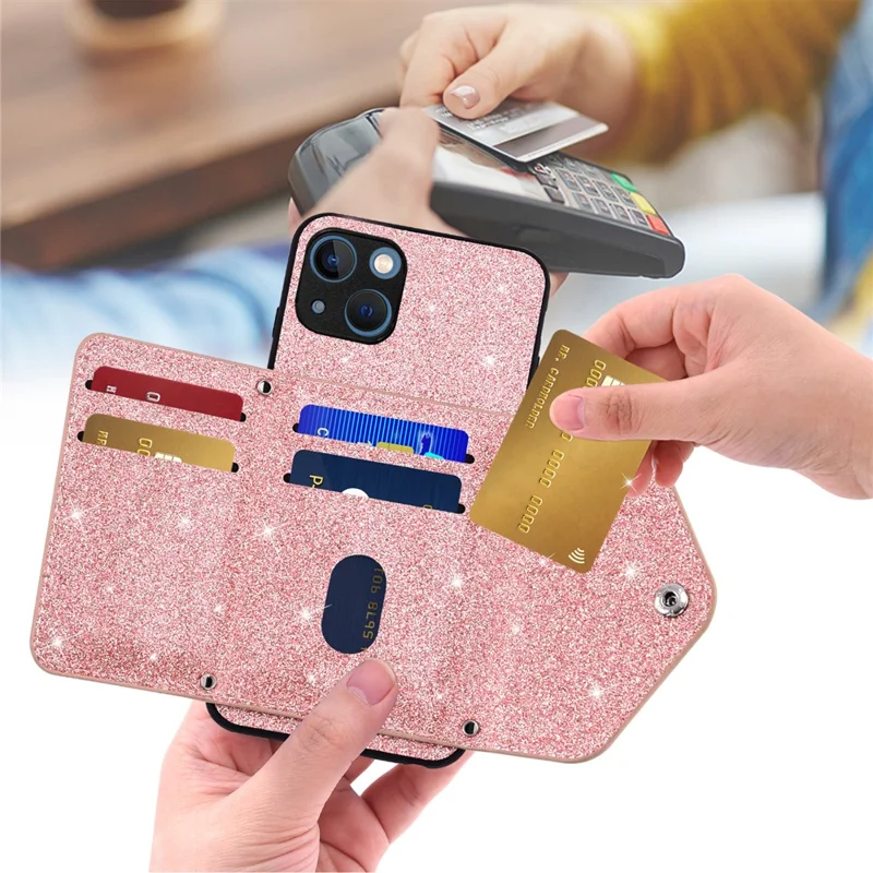 Protective Case for iPhone 14 Anti-fall Kickstand Triangle Card Holder PU Leather+TPU Phone Cover - Pink