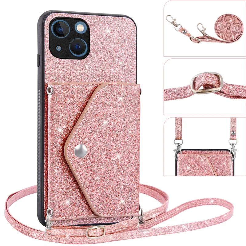 Protective Case for iPhone 14 Anti-fall Kickstand Triangle Card Holder PU Leather+TPU Phone Cover - Pink