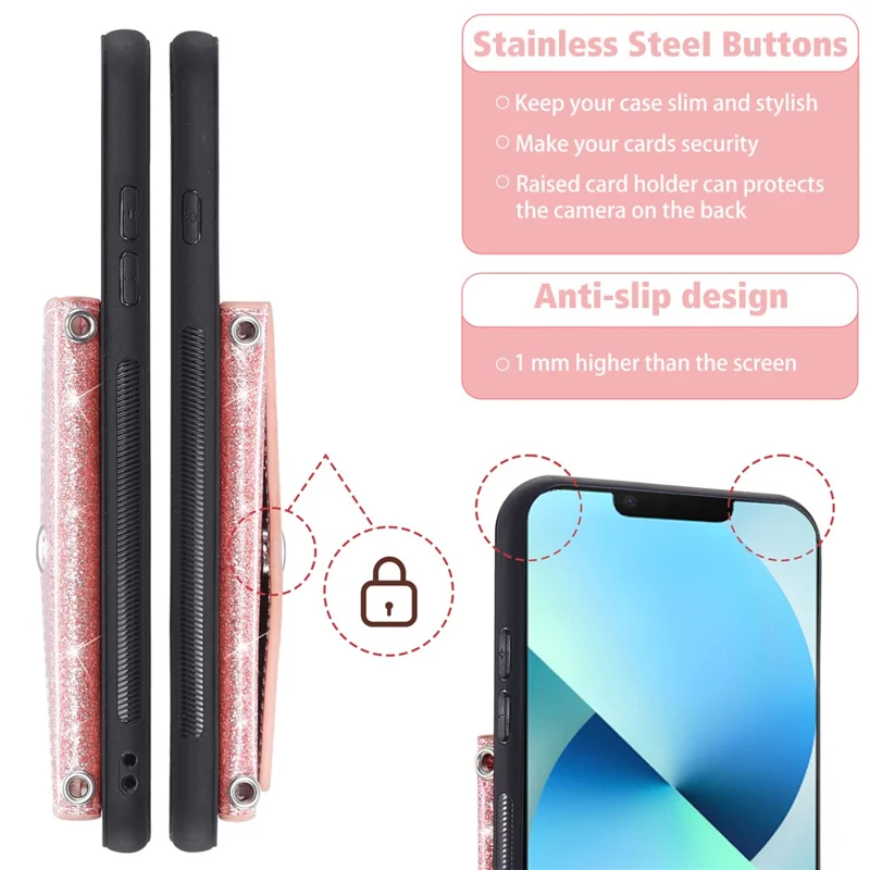 Protective Case for iPhone 14 Anti-fall Kickstand Triangle Card Holder PU Leather+TPU Phone Cover - Pink