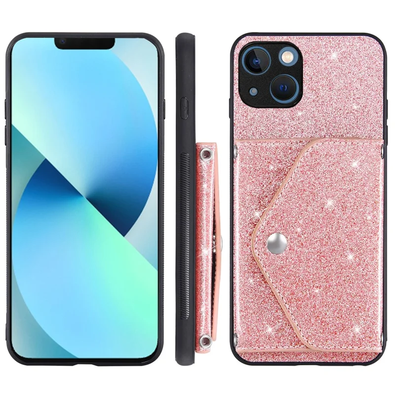 Protective Case for iPhone 14 Anti-fall Kickstand Triangle Card Holder PU Leather+TPU Phone Cover - Pink