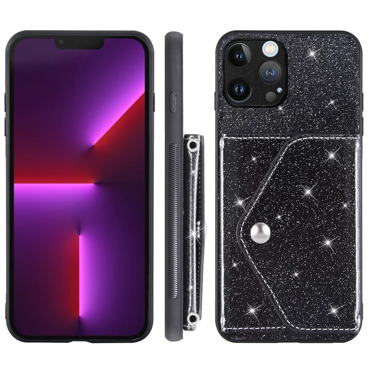 Triangle Card Holder Case for iPhone 13 Pro 6.1 inch Anti-fall Kickstand PU Leather+TPU Phone Cover - Black