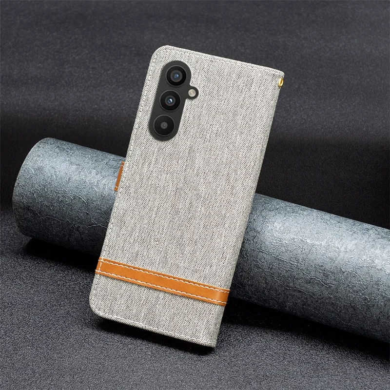 For Samsung Galaxy A24 4G (162.1 x 77.6 x 8.3mm) Splicing PU Leather Phone Cover Jeans Cloth Phone Case with Stand Wallet - Grey