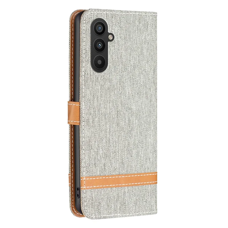 For Samsung Galaxy A24 4G (162.1 x 77.6 x 8.3mm) Splicing PU Leather Phone Cover Jeans Cloth Phone Case with Stand Wallet - Grey