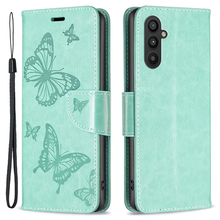 Per Samsung Galaxy A24 4G (162,1 x 77,6 x 8,3 mm) Custodia per telefono con portafoglio e supporto, con motivo a farfalla impresso in pelle - Verde