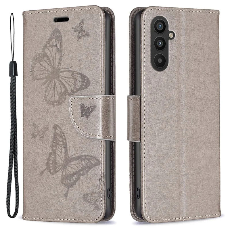 For Samsung Galaxy A24 4G (162.1 x 77.6 x 8.3mm) Wallet Stand Phone Case Butterfly Imprinted Leather Phone Cover with Strap - Grey