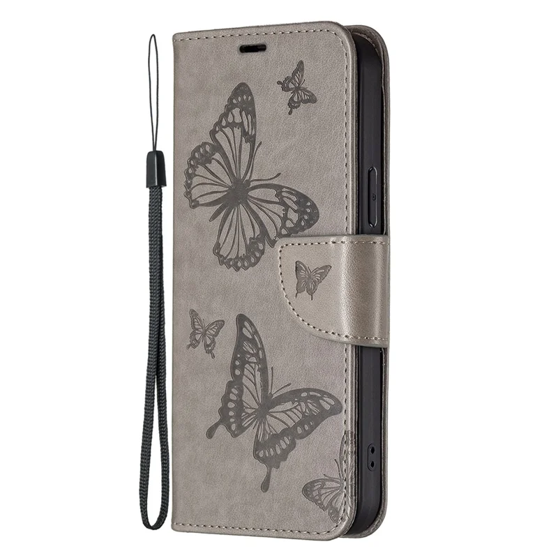 For Samsung Galaxy A24 4G (162.1 x 77.6 x 8.3mm) Wallet Stand Phone Case Butterfly Imprinted Leather Phone Cover with Strap - Grey