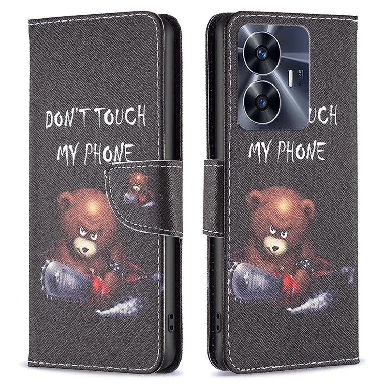 For Realme C55 Pattern Printing Phone Case Full Protection PU Leather Wallet Shell with Stand - Bear