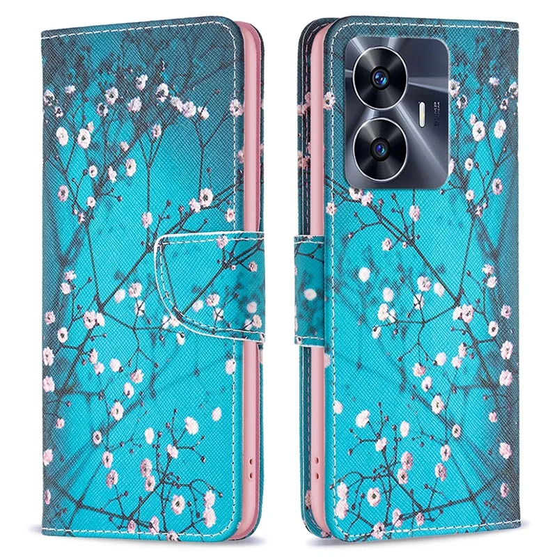 For Realme C55 Pattern Printing Phone Case Full Protection PU Leather Wallet Shell with Stand - Plum Blossom