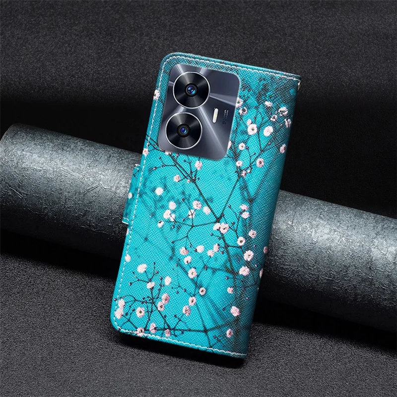 For Realme C55 Pattern Printing Phone Case Full Protection PU Leather Wallet Shell with Stand - Plum Blossom