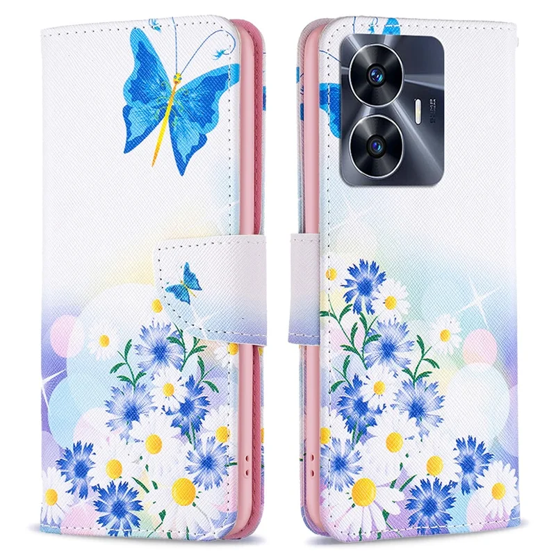 For Realme C55 Pattern Printing Phone Case Full Protection PU Leather Wallet Shell with Stand - Butterfly and Flowers