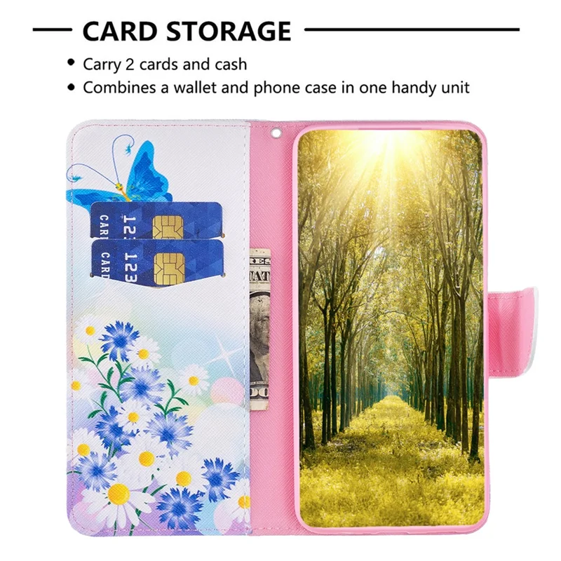 For Realme C55 Pattern Printing Phone Case Full Protection PU Leather Wallet Shell with Stand - Butterfly and Flowers