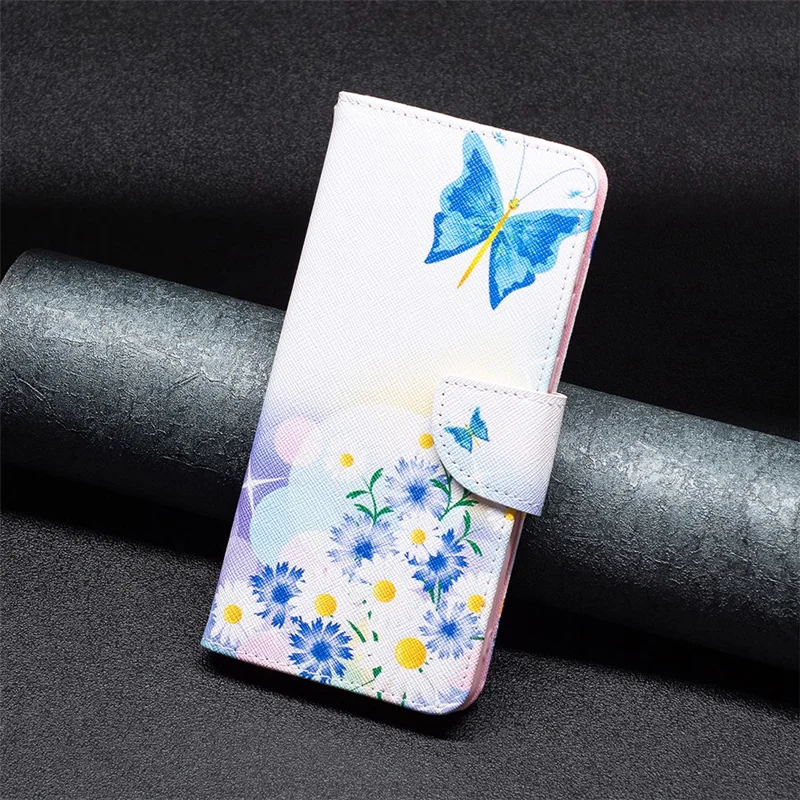 For Realme C55 Pattern Printing Phone Case Full Protection PU Leather Wallet Shell with Stand - Butterfly and Flowers
