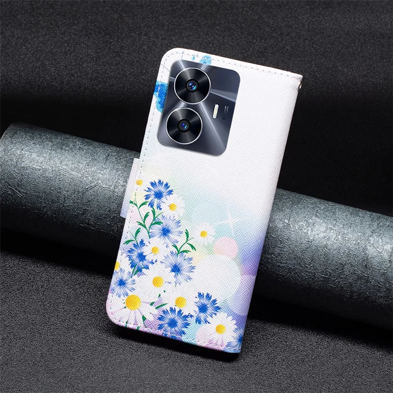 For Realme C55 Pattern Printing Phone Case Full Protection PU Leather Wallet Shell with Stand - Butterfly and Flowers