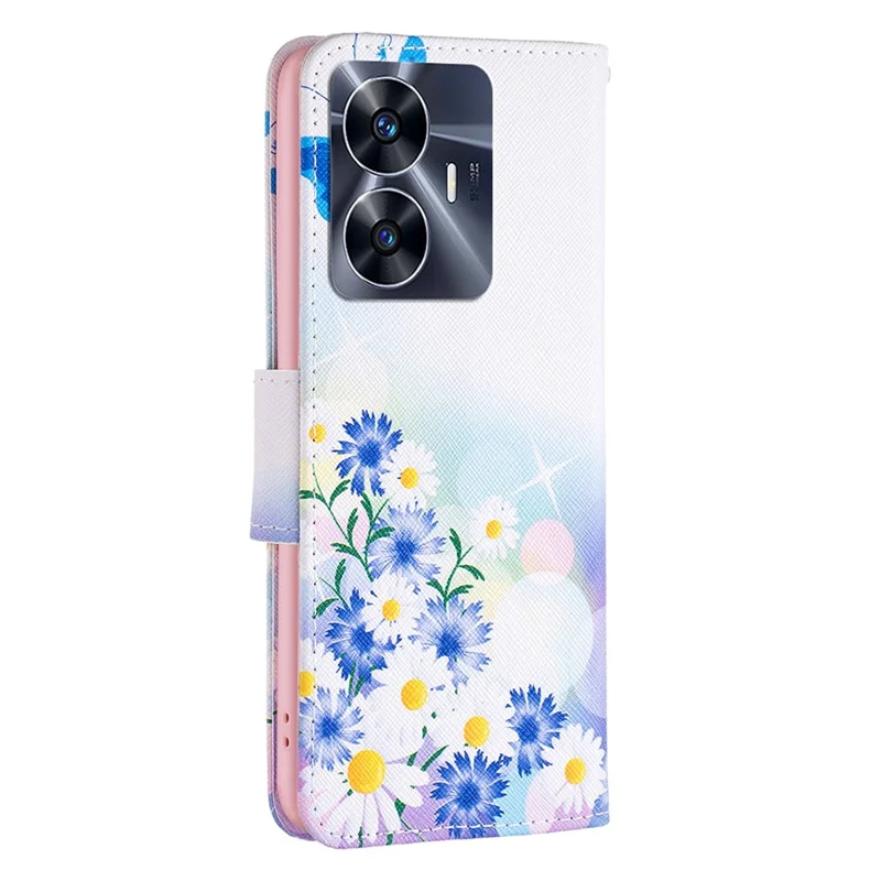 For Realme C55 Pattern Printing Phone Case Full Protection PU Leather Wallet Shell with Stand - Butterfly and Flowers