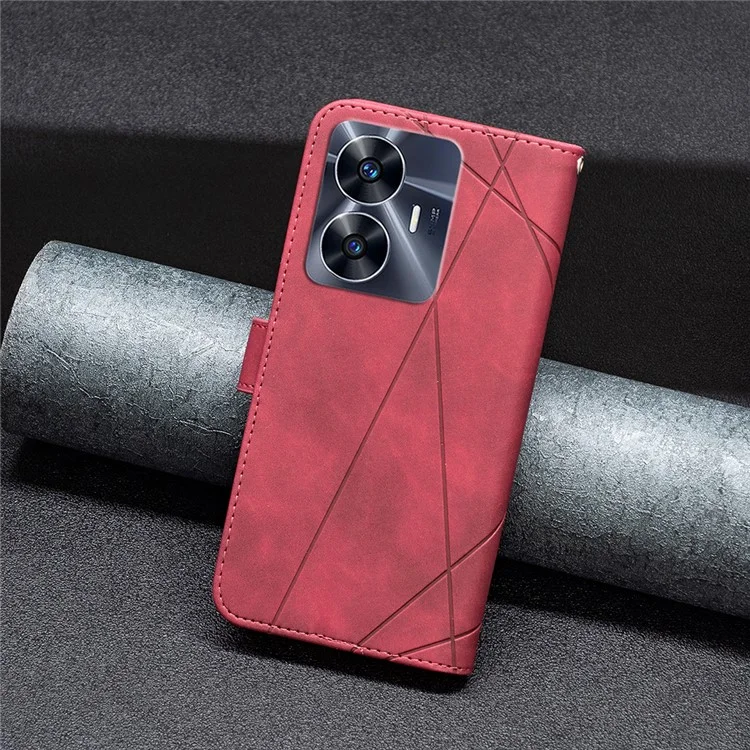 BINFEN COLOR For Realme C55 Phone Cases Wallet Stand Geometry Imprinted Leather Cover - Red