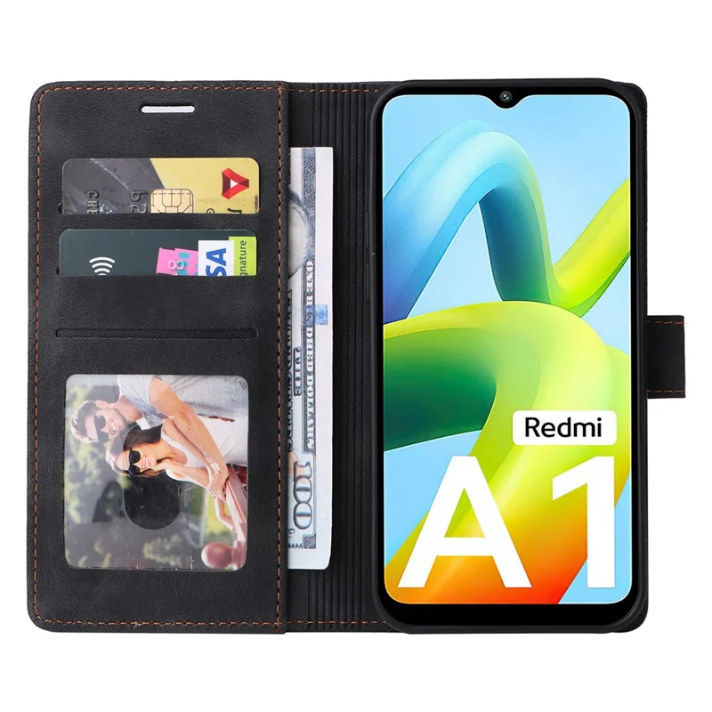 007 Series For Xiaomi Redmi A1 4G / A2 4G Leather Phone Case Stand Wallet Skin-touch Phone Cover - Black
