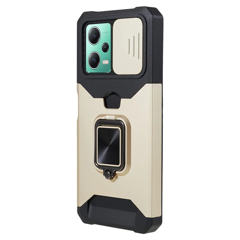 Kickstand Phone Case per Xiaomi Redmi Note 12 5G (Cina) / (India) / (Globale) / Poco X5 5G, Custodia per telefono in PC+TPU con porta carte e coperchio scorrevole per la fotocamera - Oro