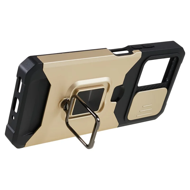 Kickstand Phone Case per Xiaomi Redmi Note 12 5G (Cina) / (India) / (Globale) / Poco X5 5G, Custodia per telefono in PC+TPU con porta carte e coperchio scorrevole per la fotocamera - Oro