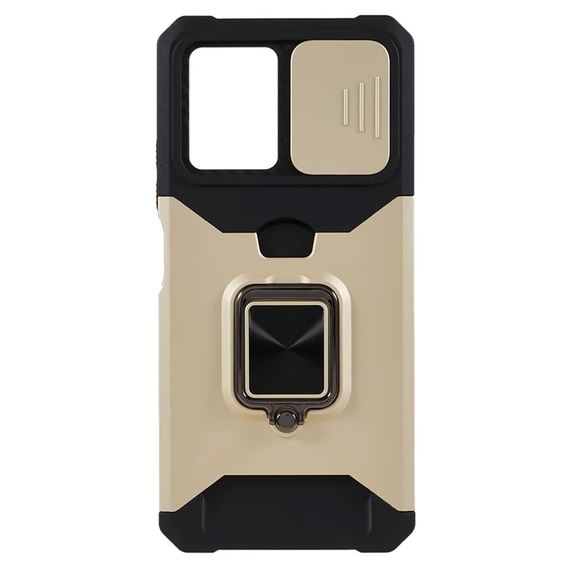 Kickstand Phone Case per Xiaomi Redmi Note 12 5G (Cina) / (India) / (Globale) / Poco X5 5G, Custodia per telefono in PC+TPU con porta carte e coperchio scorrevole per la fotocamera - Oro