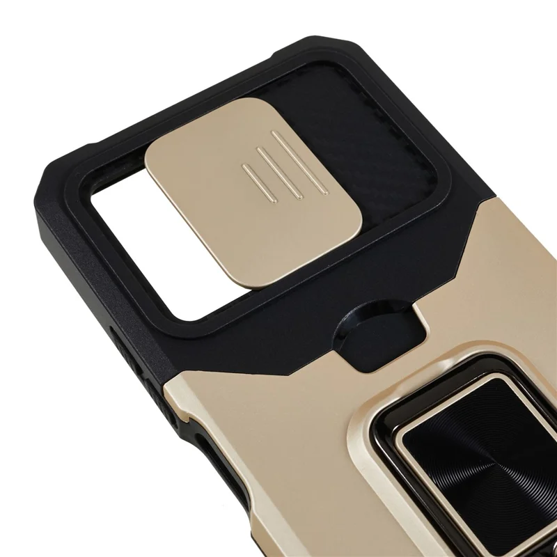 Kickstand Phone Case per Xiaomi Redmi Note 12 5G (Cina) / (India) / (Globale) / Poco X5 5G, Custodia per telefono in PC+TPU con porta carte e coperchio scorrevole per la fotocamera - Oro
