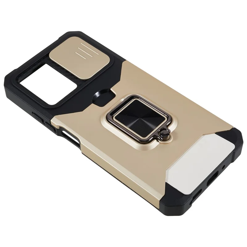 Kickstand Phone Case per Xiaomi Redmi Note 12 5G (Cina) / (India) / (Globale) / Poco X5 5G, Custodia per telefono in PC+TPU con porta carte e coperchio scorrevole per la fotocamera - Oro