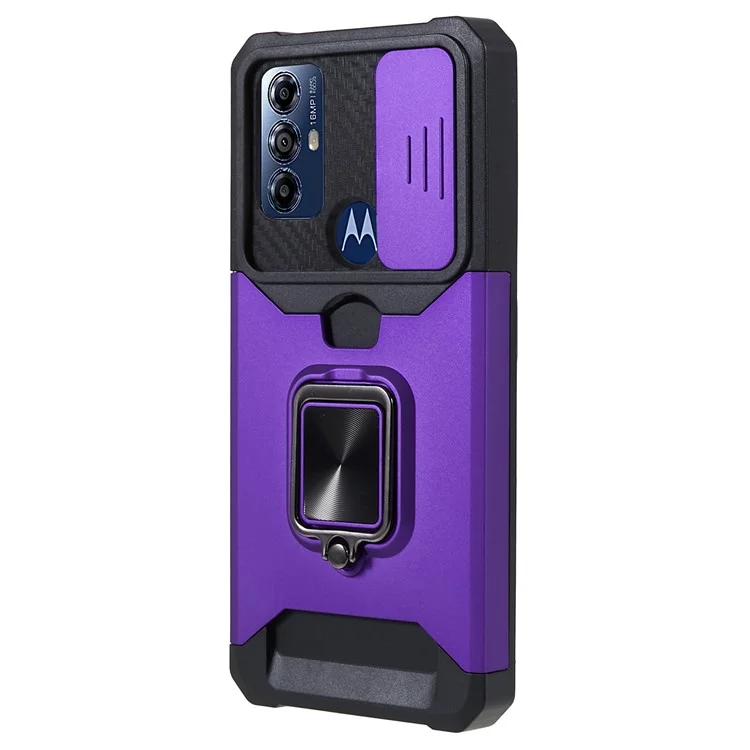 Per Motorola Moto G Play (2023) 4G Kickstand Card Holder Phone Case Slide Lens Protection PC+TPU Phone Cover - Viola