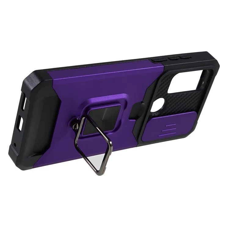 Per Motorola Moto G Play (2023) 4G Kickstand Card Holder Phone Case Slide Lens Protection PC+TPU Phone Cover - Viola