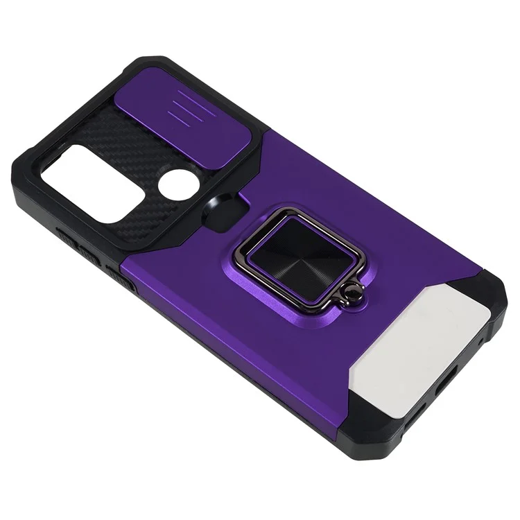 Per Motorola Moto G Play (2023) 4G Kickstand Card Holder Phone Case Slide Lens Protection PC+TPU Phone Cover - Viola