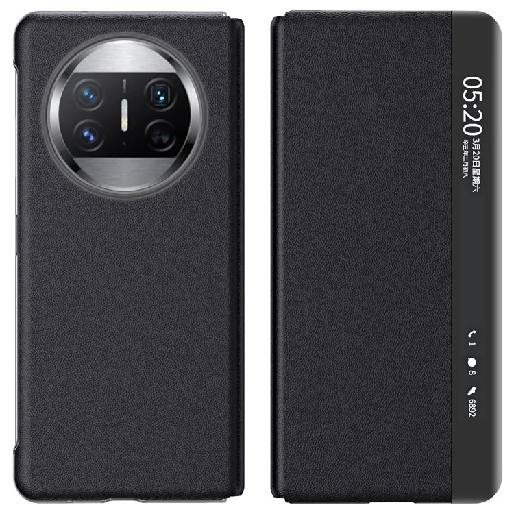 Für Huawei Mate X3 5G Magnetische selbstabsorbierende Sichtfenster-PU-Leder+PC-Handyhülle mit Ständer (ohne Stifthalter) - Schwarz
