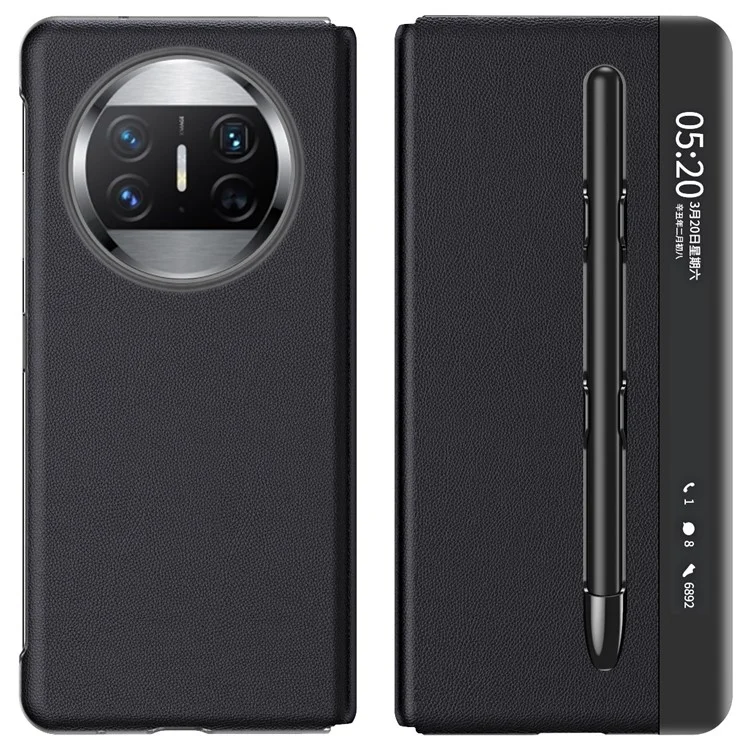 Чехол-книжка для Huawei Mate X3 5G с окном для просмотра, текстурой под кожу наппа и слотом для ручки - черный