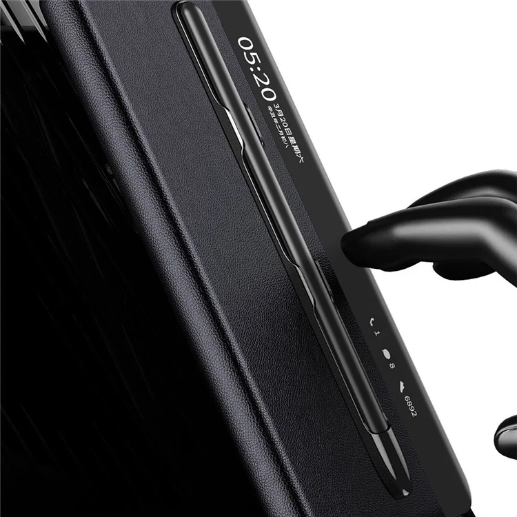 Чехол-книжка для Huawei Mate X3 5G с окном для просмотра, текстурой под кожу наппа и слотом для ручки - черный