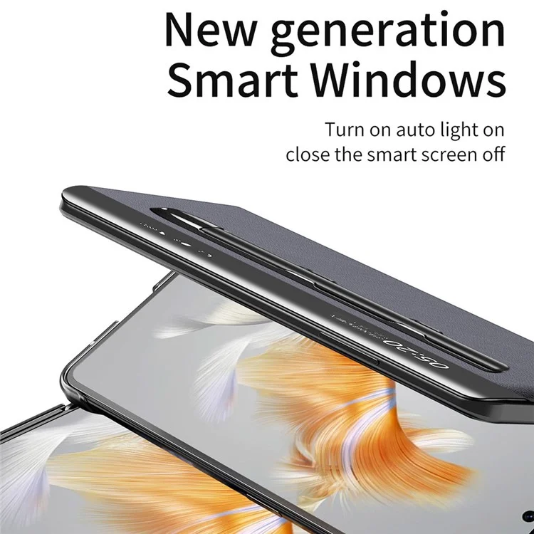 Чехол-книжка для Huawei Mate X3 5G с окном для просмотра, текстурой под кожу наппа и слотом для ручки - черный