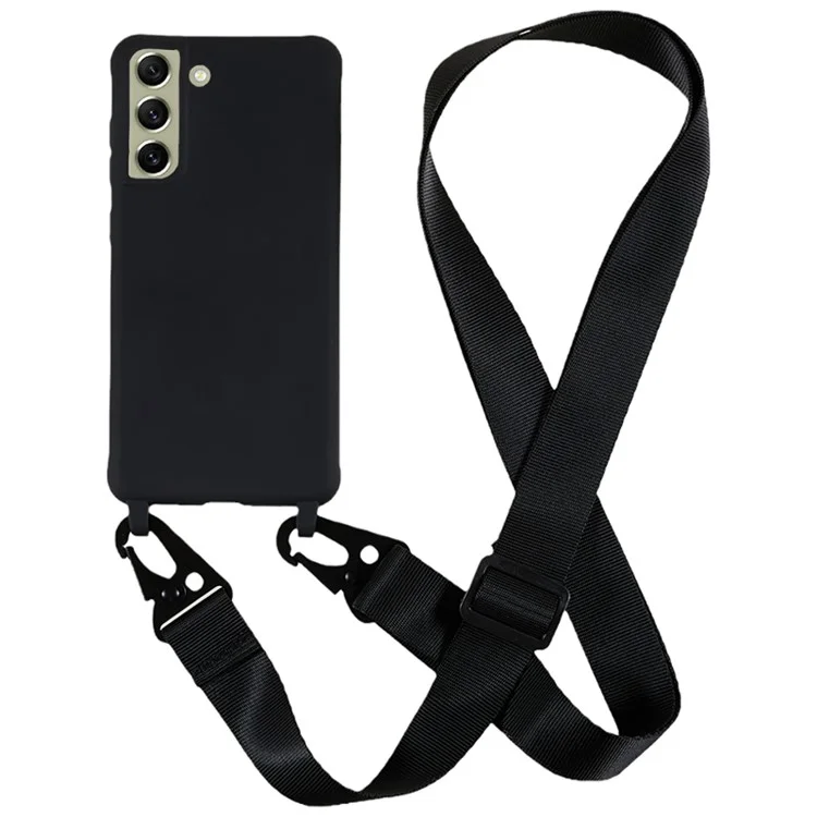 Für Samsung Galaxy S21 FE 5G Soft TPU Matte Phone Case Anti-drop Cover mit breitem Lanyard - Schwarz