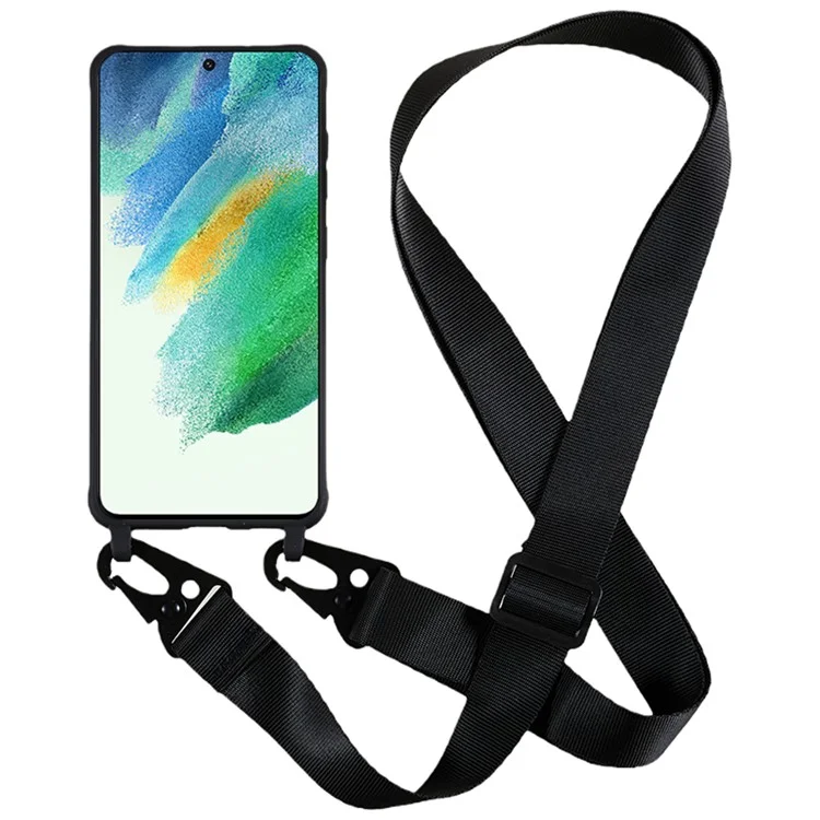 Für Samsung Galaxy S21 FE 5G Soft TPU Matte Phone Case Anti-drop Cover mit breitem Lanyard - Schwarz