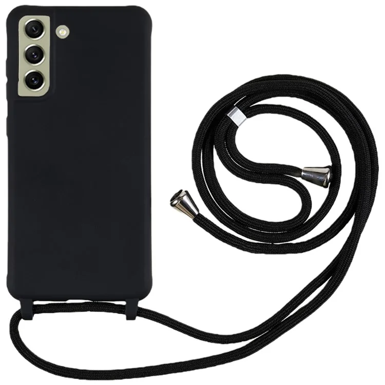 For Samsung Galaxy S21 FE 5G Shockproof Back Cover Flexible TPU Phone Case with Lanyard - Black