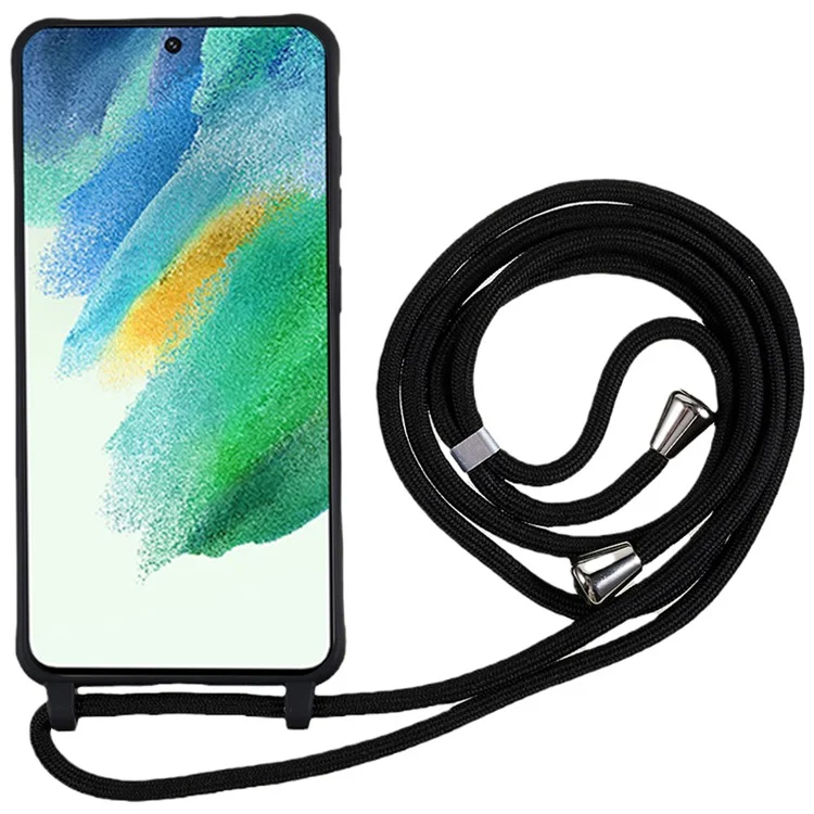 For Samsung Galaxy S21 FE 5G Shockproof Back Cover Flexible TPU Phone Case with Lanyard - Black