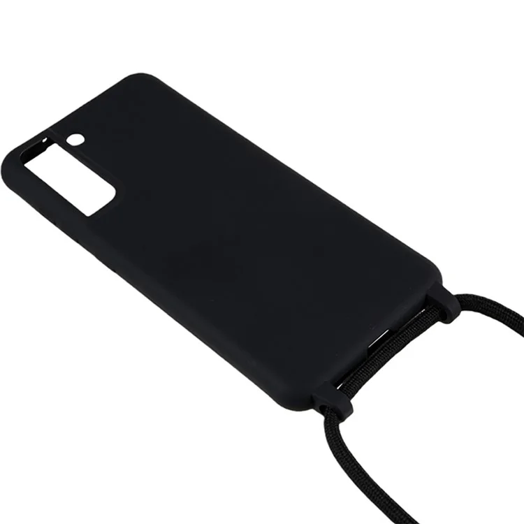 For Samsung Galaxy S21 FE 5G Shockproof Back Cover Flexible TPU Phone Case with Lanyard - Black