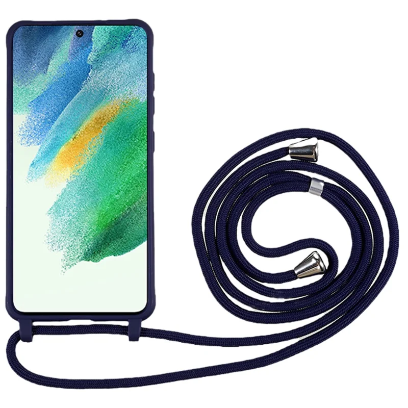Voor Samsung Galaxy S21 FE 5G Schokbestendige Achterkant Flexibele TPU Telefoonhoes met Lanyard - Donkerblauw