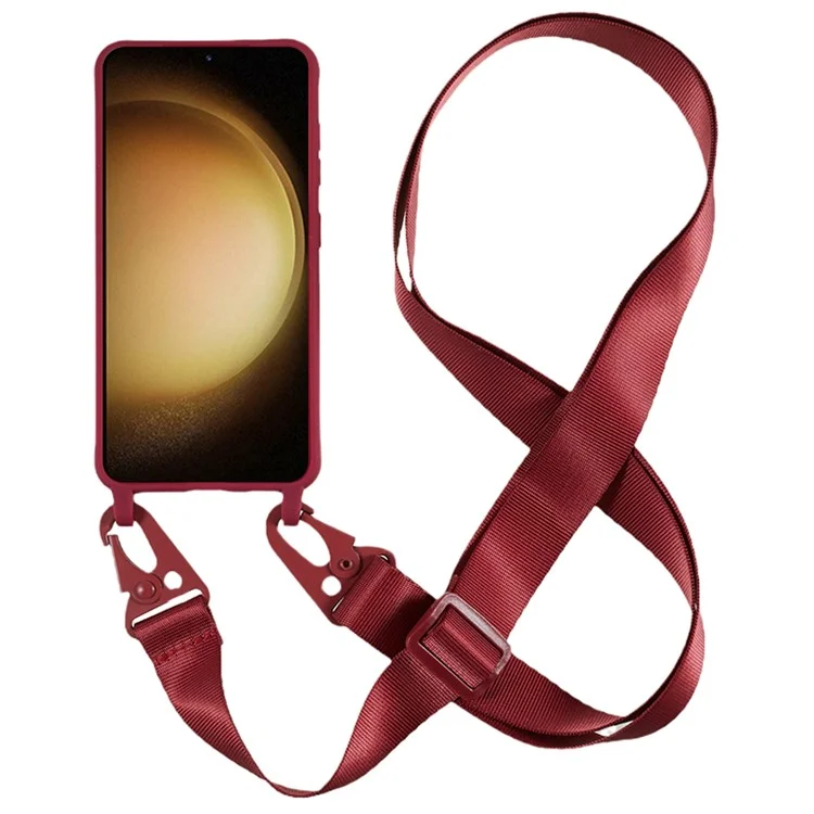 Para Samsung Galaxy S23+ Soft TPU Phone Case Matte Finish Smartphone Cover with Wide Lanyard - Wine Red