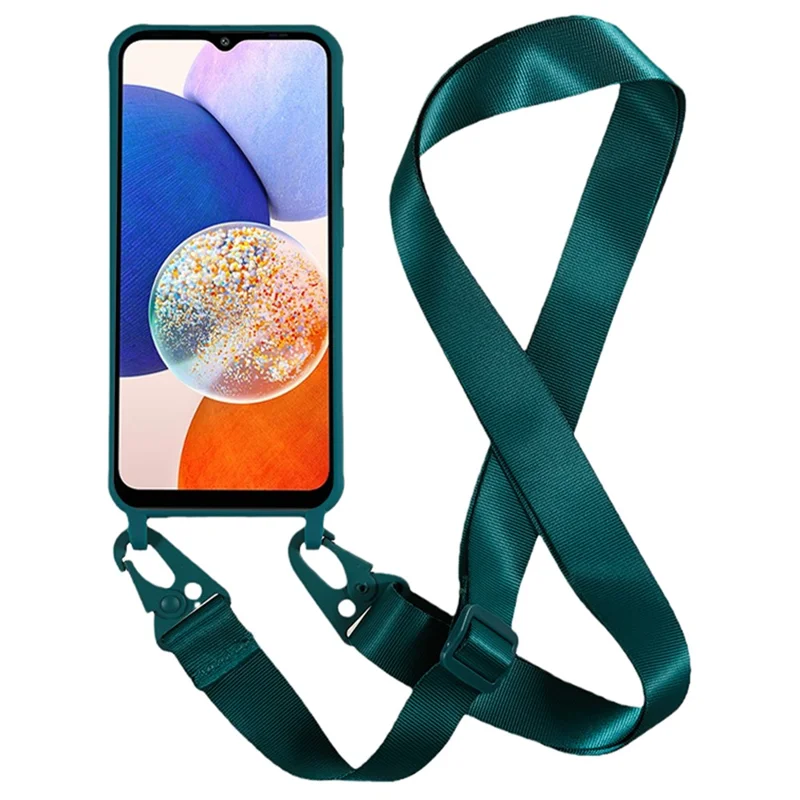 Capa de Telemóvel em TPU Macio para Samsung Galaxy A14 5G / A14 4G, Acabamento Mate, Capa Anti-choque com Cordão Largo - Verde Escuro