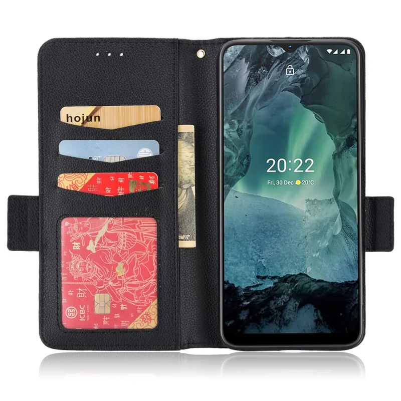 Litchi Texture Phone Case für Nokia G22, PU-Leder-Wallet-Standtelefonhülle - Schwarz