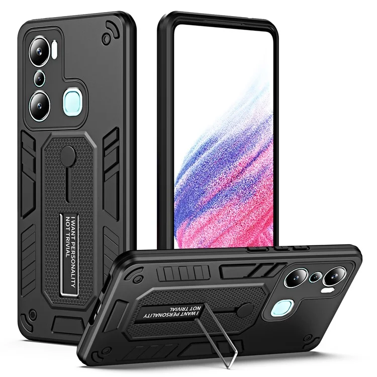 For Infinix Hot 20i 4G Kickstand Phone Case TPU+PC Protective Cover with Secure Silicone Ring Strap - Black