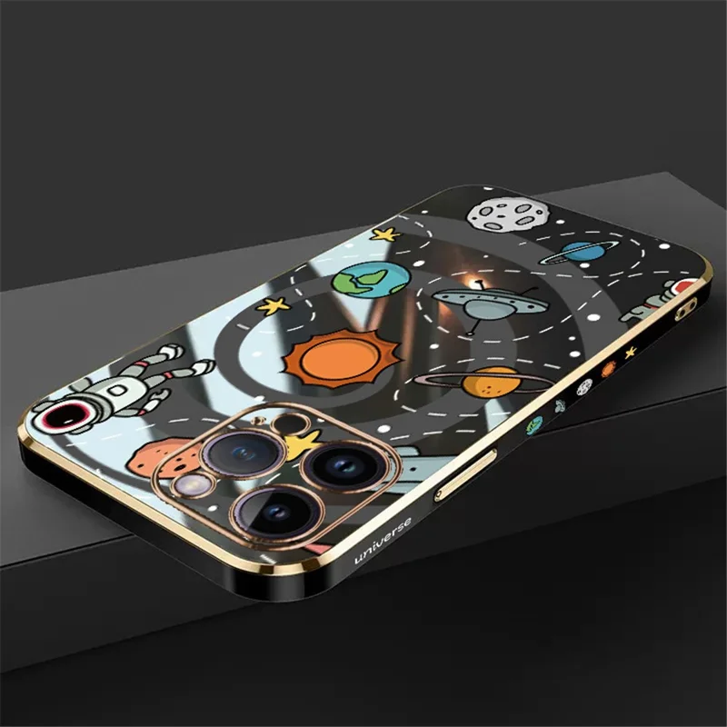 RZANTS For iPhone 12 Pro Max 6.7 inch Soft TPU Electroplating Phone Case Toy Planet Pattern Lens Protection Cover - Black