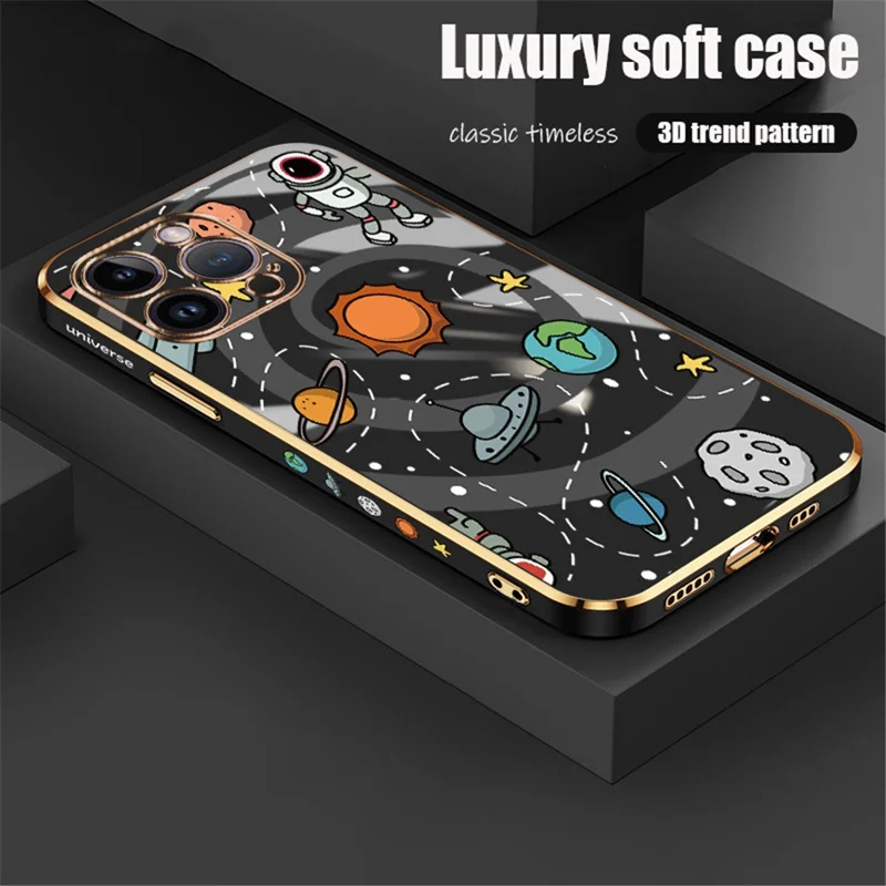 RZANTS For iPhone 12 Pro Max 6.7 inch Soft TPU Electroplating Phone Case Toy Planet Pattern Lens Protection Cover - Black